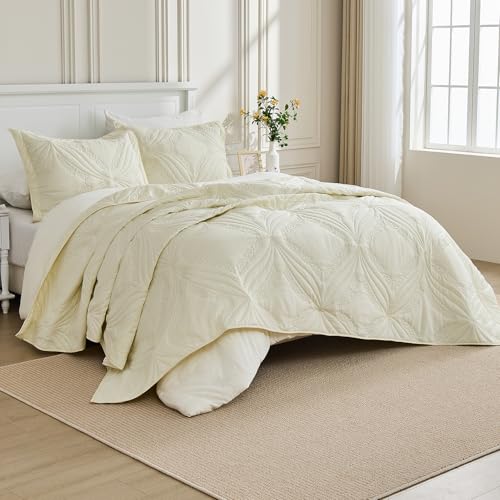 Image of Kingnex Oversized King Bedspreads 128x120 for Tall King or Cal King Bed Ultrasonic Quilted Coverlet Set 3 Piece Include 1 Extra Wide Quilt 2 Pillowcases Cream