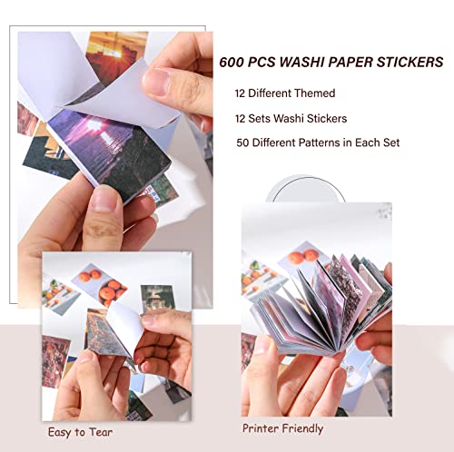 Image of 12 Sets 600 Sheets Washi Stickers for Journaling, Daily Quote Flower Nature Travel Stickers Vintage Aesthetic Scrapbook Sticker Set for Bullet Journal Art Diary Card Craft Gifts Planner Notebook