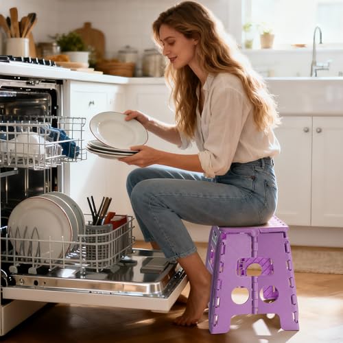 Image of Delxo 13 inch Folding Step Stool, Non-Slip Foldable Stools Up to 300 LBS, Step Stool with Handle, Lightweight for Kitchen, Bathroom, Bedroom, Garden, Light Purple, 1PC