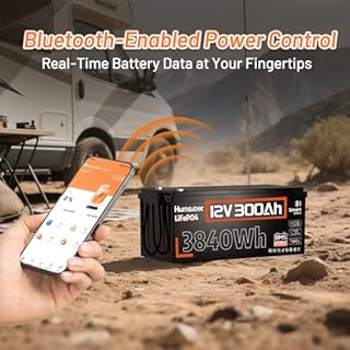 HumsiENK 12V 300Ah LiFePO4 Lithium Battery with Bluetooth, Built-in 200A BMS, Low-Temp Protection, 3840Wh Energy, 15000+Deep Cycles, for Trolling Motor, RV, Solar System, Off-Grid, Home Backup