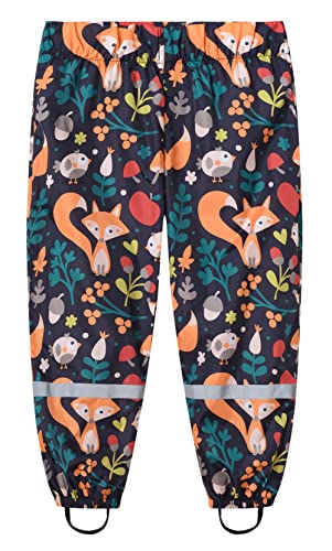 FEOYA Girls Boys Waterproof Overtrouser Cartoon Print Stirrups Reflective Rain Pants Easy Clean Garden Mud Pants with Ankle Strap Reflective Strips Infant Kids 2~10 Black Fox 2-3Years