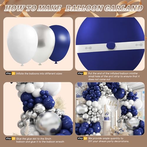 Image of 412Pcs Navy Blue and Silver Balloons Arch Garland Kit,5 10 12 18 inch Navy Blue White Silver Balloons for Birthday Wedding Graduation Anniversary Decorations