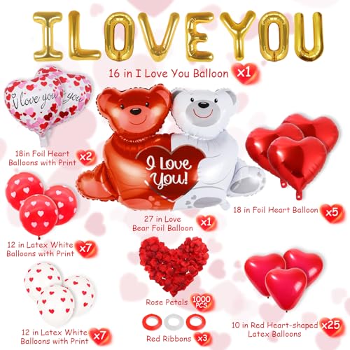 Image of 55 Pack Valentine's Day Balloons with 1000 Pcs Silk Rose Petals - I LOVE YOU Balloons, Heart Balloons, Love-Bear Balloon for Anniversary Valentine Day, Romantic Decorations Special Night for Bedroom