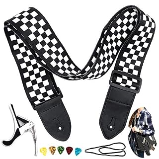 N/C Sangle de guitare, bandoulière de guitare en damier avec extrémité en cuir véritable avec corde à cravate (Capo de… - Les Beatles, Paul McCartney, John Lennon, RIngo Starr, George Harrison