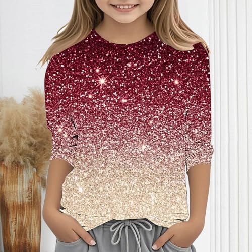Girls Sequins Print 3/4 Sleeve T Shirts Kids Summer Tops Loose Crewneck Cute Colour Gradient Tees for Boys 3-12 Years2