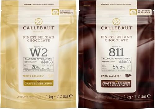 Callebaut Belgian Chocolate Callets Bundle – White W2 & Dark 811, 2 x 1kg for Baking & Desserts (Sold by Parkers Foodservice)
