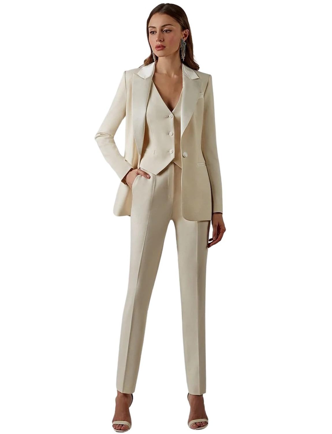 Donna Tuta a Tre Pezzi Giacca a Un Bottone Gilet con Scollo a V e Pantaloni per Abbigliamento Formale da Lavoro