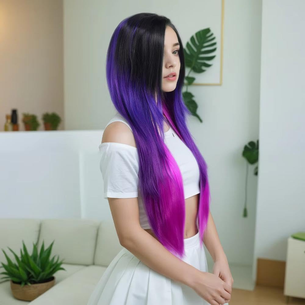 Haarpflege 80 Cm Lange Gerade Faserperücke Im Ombre-Stil In Schwarz Lila Mittelteil