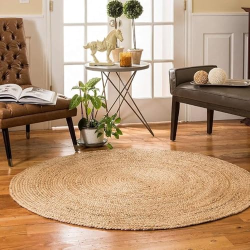 Tapete Redondo de Juta Natural, Bege, 120cm de Diâmetro, Artesanal, Estilo Rústico para Sala e Quarto