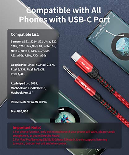 Jsaux Usb C To 3.5Mm Audio Aux Jack Cable[3.3Ft], Usb Type C To 3.5Mm Headphone Stereo Cord Car Compatible With Ipad Pro 2018 Google Pixel 2 3 Xl, Samsung Galaxy S21 S20 Ultra Note 20 10 Plus-Red #TOP6