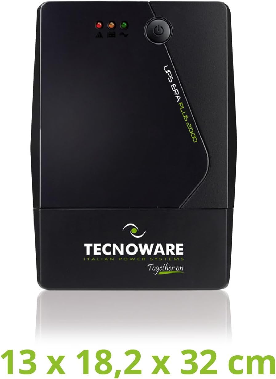 Tecnoware UPS ERA PLUS 2000 - Gruppo di Continuità - Doppia Batteria Per Autonomia fino a 40 Min/PC o 120 Min/Modem - Potenza 2000 VA + Multipresa-Ciabatta Protezione Sicurezza - Spina Ingresso IEC