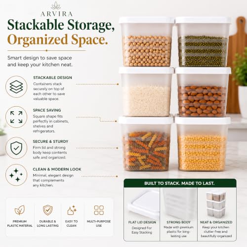 Image of Food Storage Containers Set of 6, (950 ML Each), Square, Transparent | BPA Free Plastic Kitchen Organizers & Storage Jars for Pulses, Rice, Cereals, Dry Fruits & Fridge Storage (White Lid)