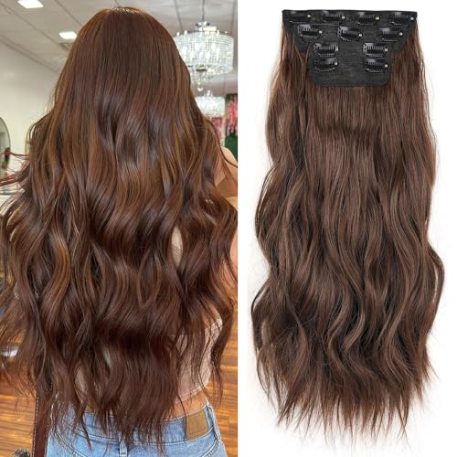 Extensions cheveux ondulés à clipser marron chocolat 50cm rajout volume