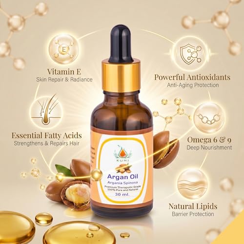 Image of KUNJ Argan Oil 30ml | 100% Pure & Natural Cold Pressed Moroccan Argan Oil | Undiluted Oil for Hair Nourishment, Skin Hydration, Face Care & DIY Beauty Use