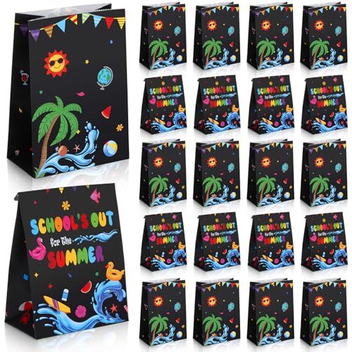 Fuyoooo 24 Pcs End of School Year Theme Party Favor Bag Beach Ball Last Day of School Goody Candy Treat Bags End of School Year Party Decorations for Kids Class Table Summer Supplies Birthday Gifts