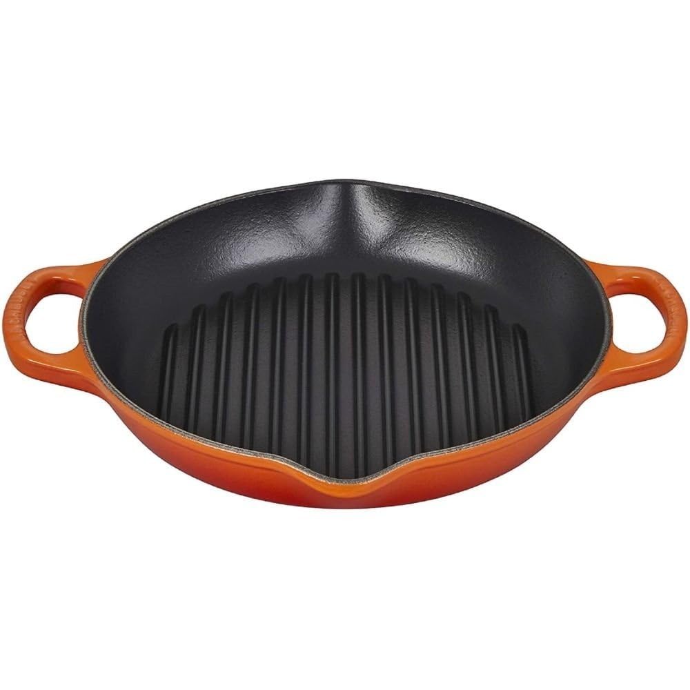 LE CREUSET Signature Hohe runde Grillpfanne aus Gusseisen, für alle Herdarten und Backöfen, 25 cm, Ofenrot, 20208250900422