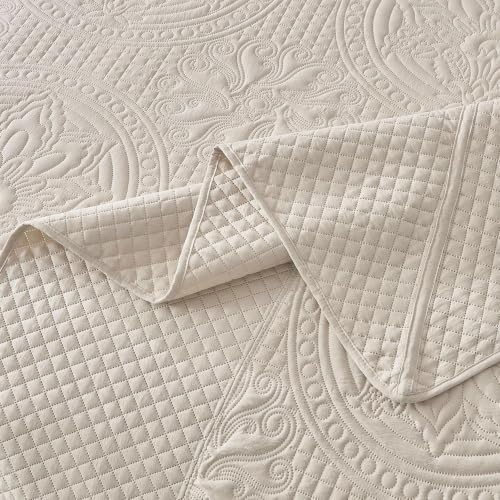 Image of Qucover Queen Bedspread Medallion Pattern Quilt Bedding Set 3 Piece Beige