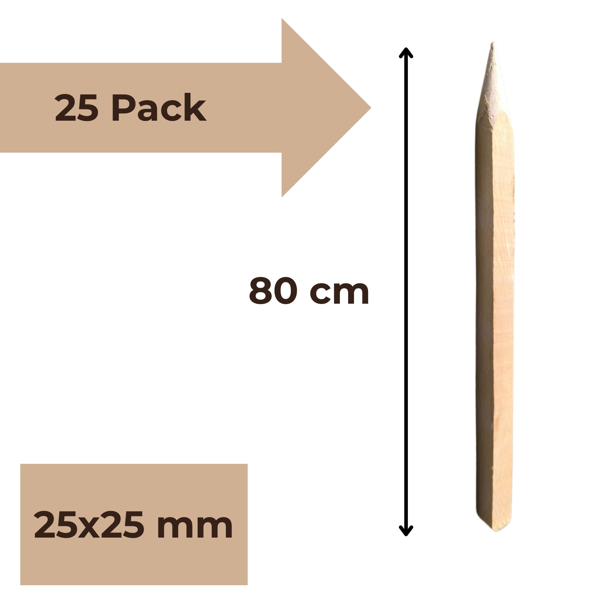 25 Picchetti in Legno di Faggio 80 cm 25×25 mm – Pali Quadrati per Giardino con Punta Robusta, Tutori per Pomodori, Pali da Recinzione e Piante, Segnalatori da Terra