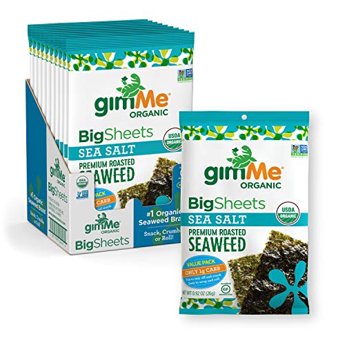 gimMe Organic Roasted Seaweed Sheets - Sea Salt - Big Sheets - Keto, Vegan, Gluten Free - Great Source of Iodine and Omega 3âs - Healthy On-The-Go Snack for Kids & Adults - (.92oz) - (Pack of 10)