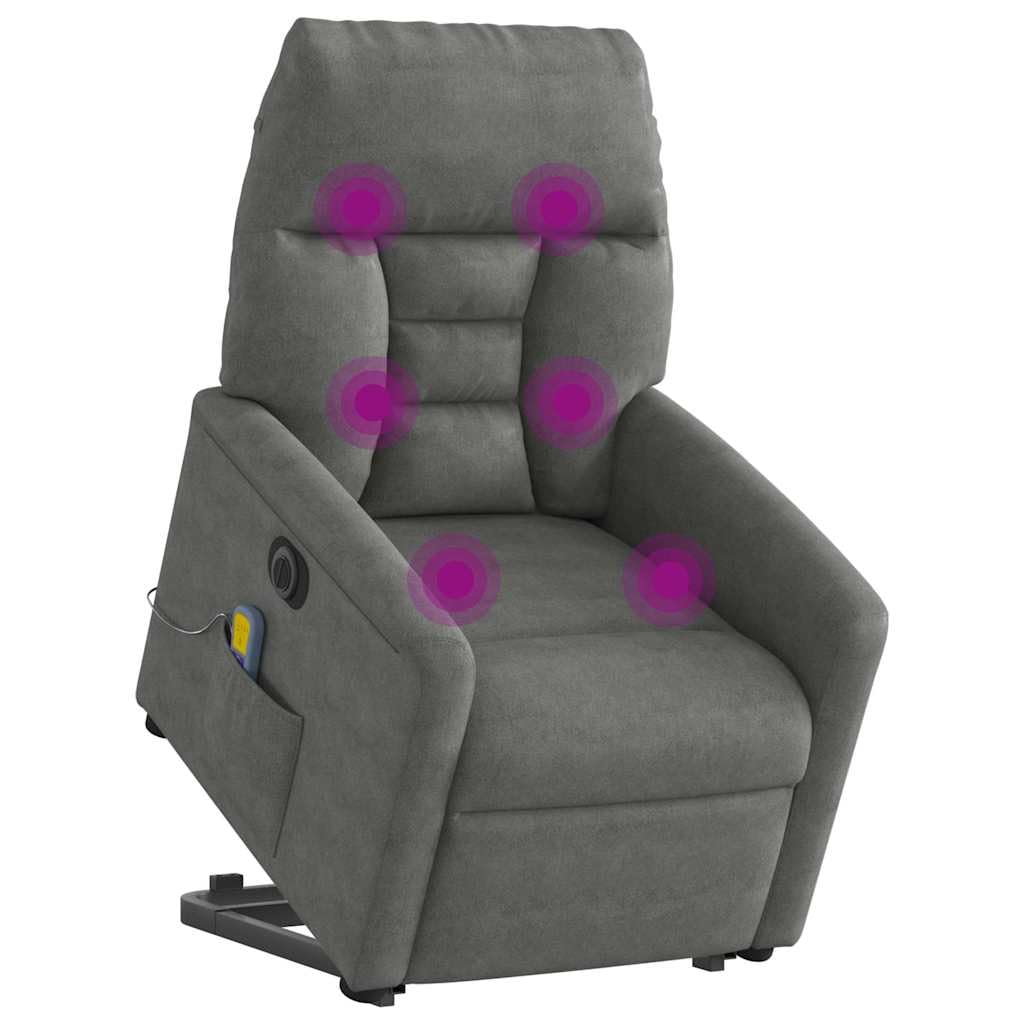 Sillón de masaje eléctrico con ayuda para levantarse, color gris oscuro, funda de tela de microfibra de 6 puntos, masaje vibratorio, sillón de relax con función reclinable y amplios