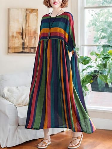 Image of Oversized Dress for Women Summer Midi Dresses Colorful Striped | Lightweight & Breathable Viscose Fabric for Summer. Loose Fit Casual Dresses for House & Vacation. Boho Style with Pockets