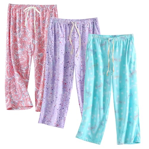 Image of PNAEONG 3 Pack Women Pajama Pants Capri Length Drawstring Pj Bottoms Sleep Lounge Pants with Pockets S-3XL