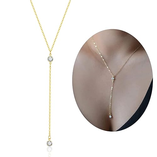 Handmade Lariat Necklace for Women 18K Gold Plated Dainty Drop Y Chain Necklace Jewelry for Women Girl Gifts with Simulated Diamond16 to 18