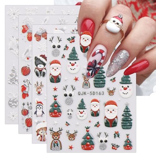 JMEOWIO 3D Glitter Natale Adesivi Unghie Nail Art, Stickers Unghie Autoadesivi 5D Decorazioni Unghie Nail Art Disegni 4 Fogli