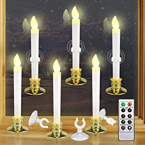 Kithouse 6 Set Christmas Window Candles Lights with Timer Battery Operated Electric LED Taper Candles Flameless for Windows, Gold Candle Holders, Suction Cups & 12 PCS Battery Included