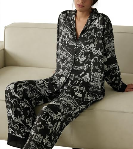 Image of Women Satin Pajama Set Floral Silk Pajamas 2 Piece Lounge Sets Button Down Shirts Wide Leg Pants Pjs Sleepwear
