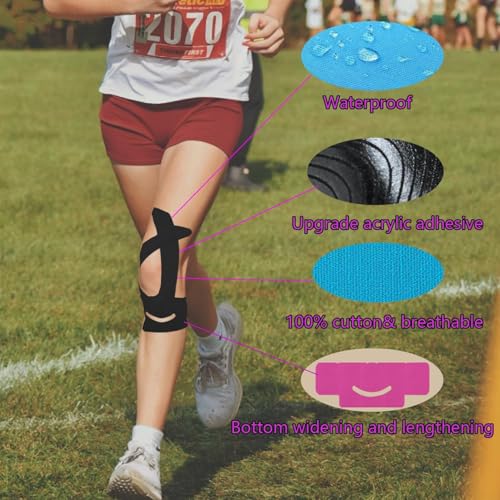ANAMPION Kinesiotapes Vorgeschnitten for Knees, 12 Stück Wasserfestes kinesiotape für Knee Schmerzlinderung, Original Baumwolle Knie Tape für Sport & Dauerhafte Unterstützung(Schwarz+Blau+Rosa)