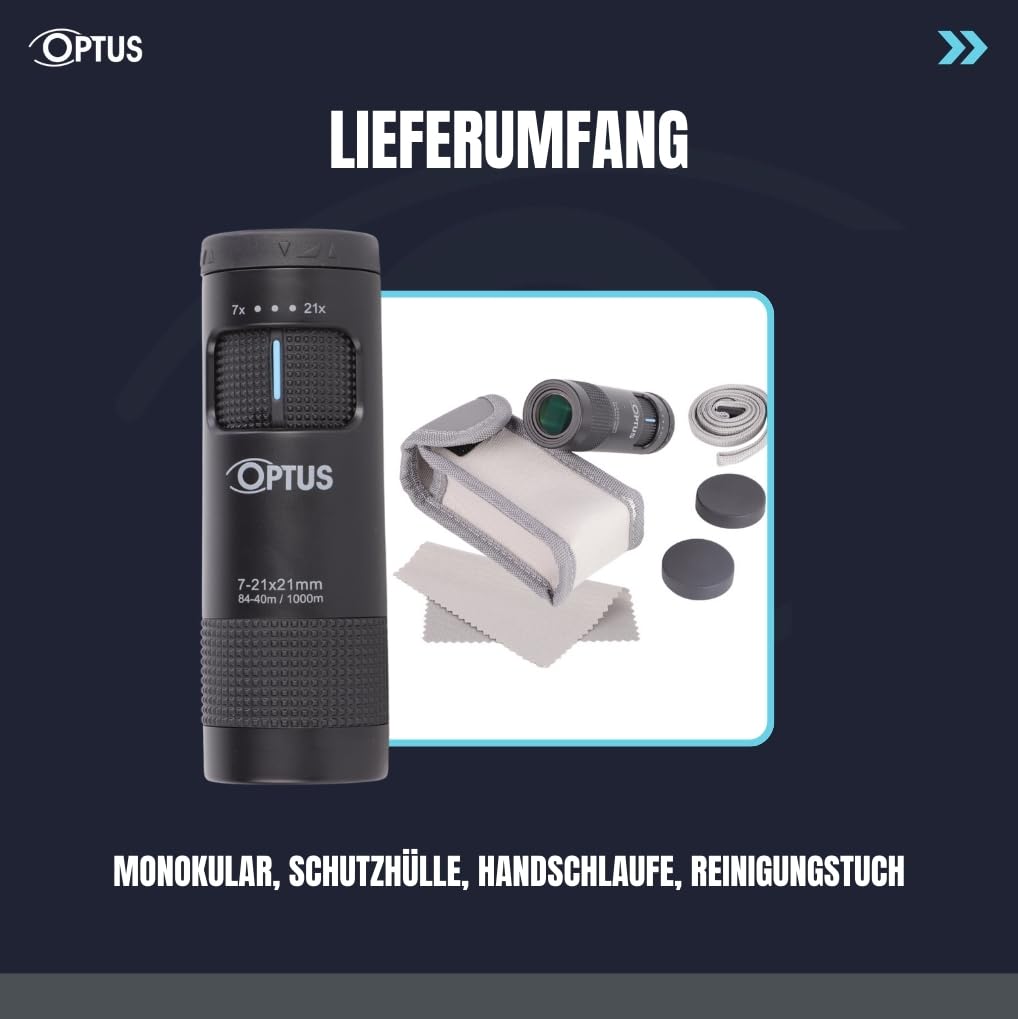 Optus Zoom Monokular 7-21x21 mit Stativanschluss Augenmuschel für Brillenträger kompaktes Fernrohr für Naturbeobachtung Jagd inkl. Tasche