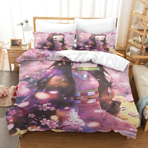 GDEKCIEAS Anime 3D Demon Slayer Teens Bedding Set,3Pcs Ultra Soft Duvet Cover with Zipper Closure,Comforter And Quilt Cover for Boys And Girls Double（200x200cm）
