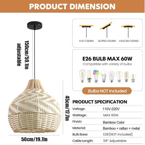 USMJQVZ White Hand-Woven Rattan Pendant Lights, 15.8/19.7in Modern Boho Hanging Lamp with Handwoven Woven Rattan Shade, Farmhouse Coastal Pendant Light Fixtures for Kitchen Island,Dining Room, - Image 2