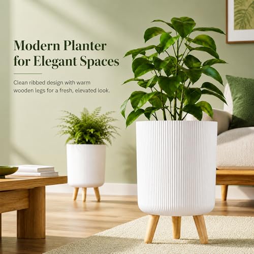 Image of Eightiz Store Modern White Flower Pot with Plastic Legs | Indoor Outdoor Planter for Home Garden Balcony Decor Ribbed Design Sturdy Plastic Mid-Century Style (White, Pack of 1)