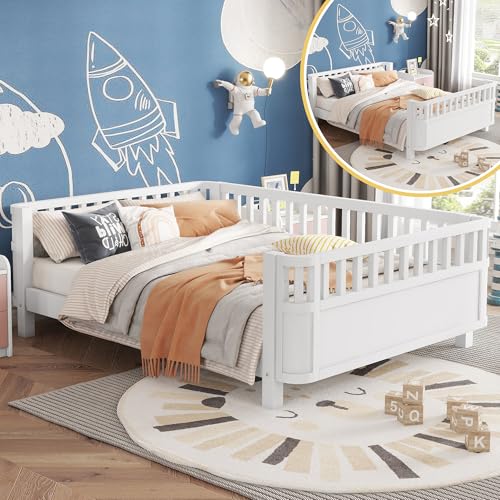 Image of Mirightone Full Size Bed Frame Kids with Rails, Wood Montessori Bed Full with Slats Support, Modern Daybed Low to Ground with Removable Bed Rails for Girls Boys Bedroom Living Room, White