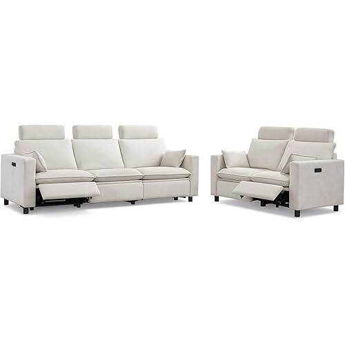 Oversized Power Reclining Sofa, Cream White Cloud Couch Chenille Reclining Sofa Set with Adjustable Headrest, Pillows,Electric Reclining Living Room Furniture Set，Loveseat and Sofa