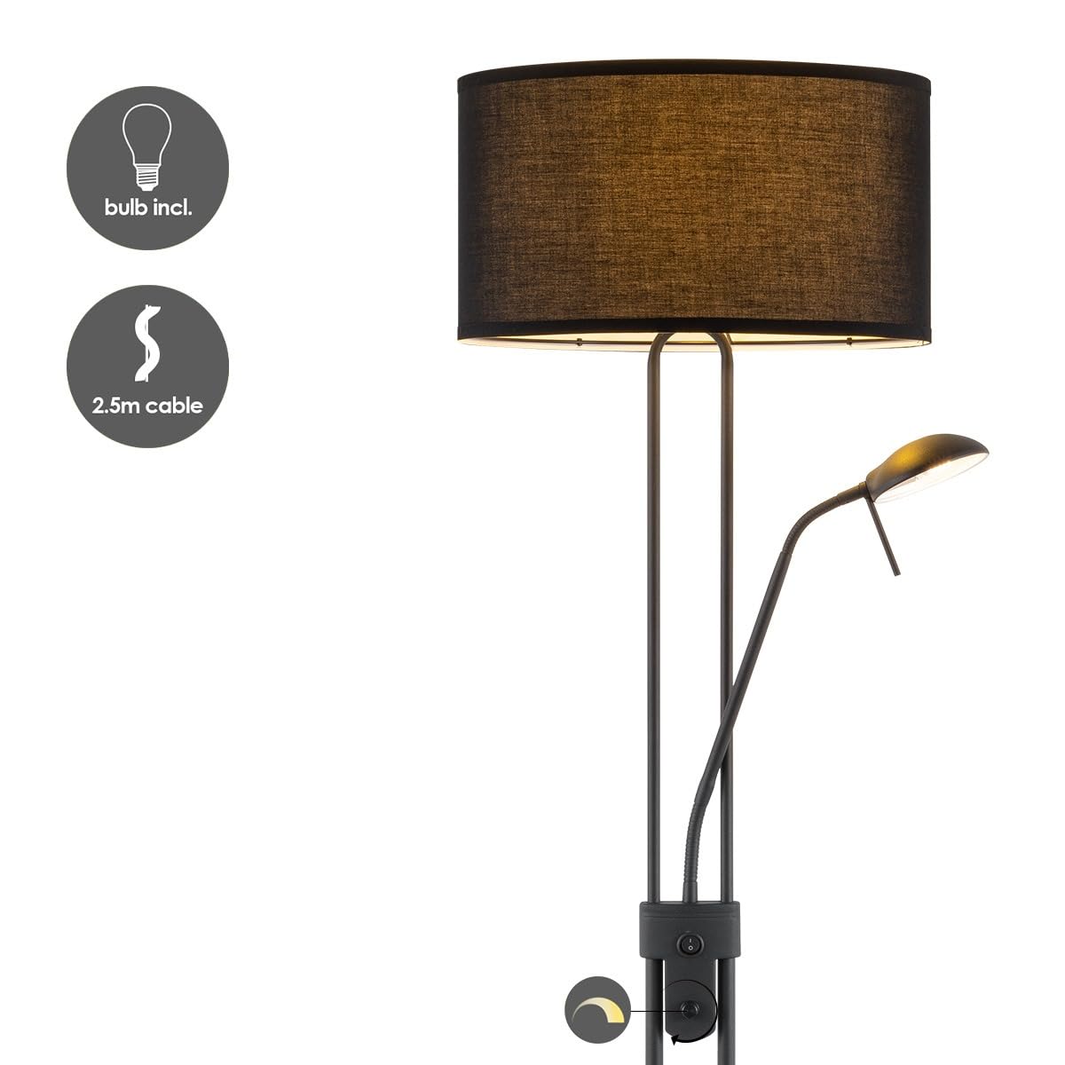 Home Sweet Home Lámpara de Pie con Luz Lectura Regulable - 170cm Moderna Negra Salón - E27 Lámpara Techo & Luz G9, Pantalla Tela, Incluye Bombillas LED 7W