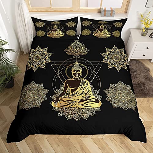 LUYAPOND Housse de Couette 160x200 Bouddha Doré Parure de Lit en Microfibre avec Fermeture Éclair, 1 Housse Couette + 1 Taie d'oreiller 65x65 cm