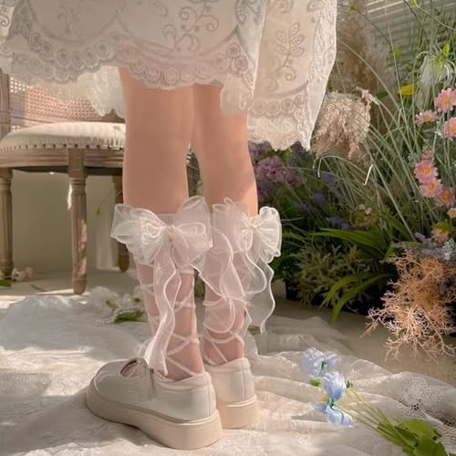 2 Pairs Girls’ Socks Princess Style Tulle Mid-Calf Crew Socks with Bow and Heart Studs, Sparkly Summer Thin Mesh Socks3