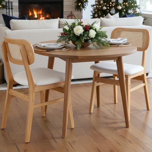Farmhouse Rattan Dining Chairs Set of 2, Rustic Wooden Kitchen & Dining Room Chairs with Curved Cane Back, Upholstered Beige Linen Fabric, Armless Accent Wicker Chair for Resturant, Black