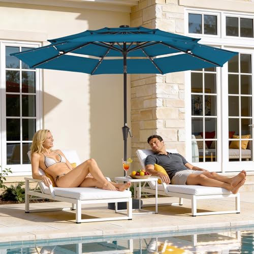 Image of JEAREY 3 Tiers Patio Umbrella with Solar Lights 9ft Outdoor Market Table Umbrellas with Push Button Tilt for Outside Pool Garden, Lake Blue
