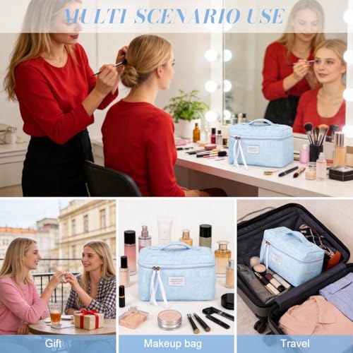 Image of MAYCREATE Quilted Makeup Pouch Bag Cosmetic Makeup Organisers Travel Bag for Woman, Soft Zip-up Toiletry Organizer Pouch with Handle for Skincare, Beauty Essentials & Toiletries, 24x16x15cm