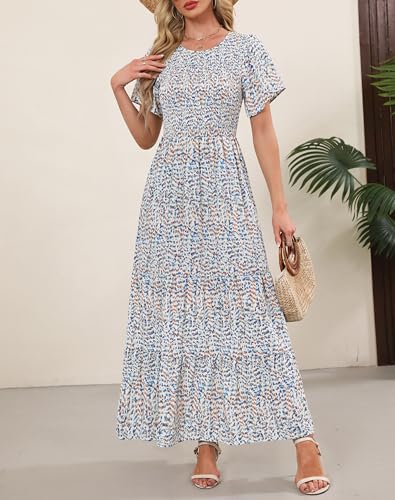 Image of Kranda Women 2025 Summer Fall Crewneck Short Sleeve Smocked Floral Maxi Dress