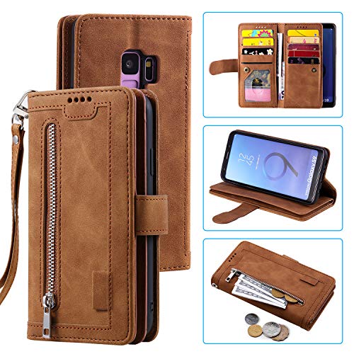 UEEBAI Wallet Case for Samsung Galaxy S9, Retro 9 Card Holder Slots Zipper Pocket Handbag Case PU Leather Magnetic Closure Kickstand with Wrist Strap TPU Shockproof Flip Case - Brown