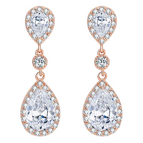 Clearine 925 Sterling Zilver Bruiloft Bruids Cubic Zirconia Oneindigheid Traan Halo Doorboorde Bengelen Oorbellen voor Vrouwen Clear Rose-Gold-Tone