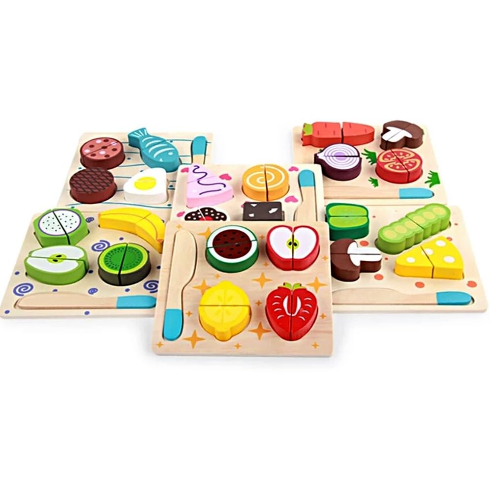 AMERTEER Preschool Puzzle | Wooden Play Food | Wooden Play Kitchen Accessories | Wooden Kitchen Toys | Cutting Fruits and Veggies Toys for Toddlers 1-3 | Wooden Puzzle Geometric Shapes, Jigsaw Puzzle