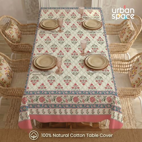 Image of Urban Space 100% Cotton Dining Table Cover 6 Seater, Jaipuri Handblock Cotton Table Cloth for Center Table, Dining Room Table Cover (Size 48 inch x 92 inch - 6 Seater, Amberjaal Pink)