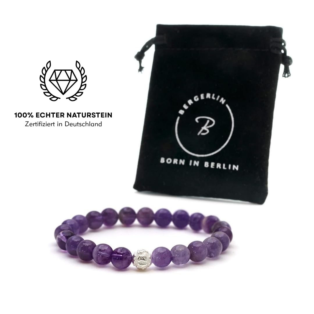 BERGERLIN 925 Naturstein Armband - Naturstein geprüft in Deutschland, mit 925 Sterling Silberperle, Naturstein Perlen und Echtheitszertifikat - für Damen und Herren