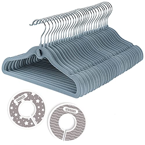 Hengsong Samt Baby Kleiderbügel 38er-Set, 30 Stück kleiderbügel und 8 Stück Baby Größentrenner, Kinderbügel mit Extra-Haken, rutschfest, platzsparend, für Kleiderschrank Schrank Kleidung, Grau Cover